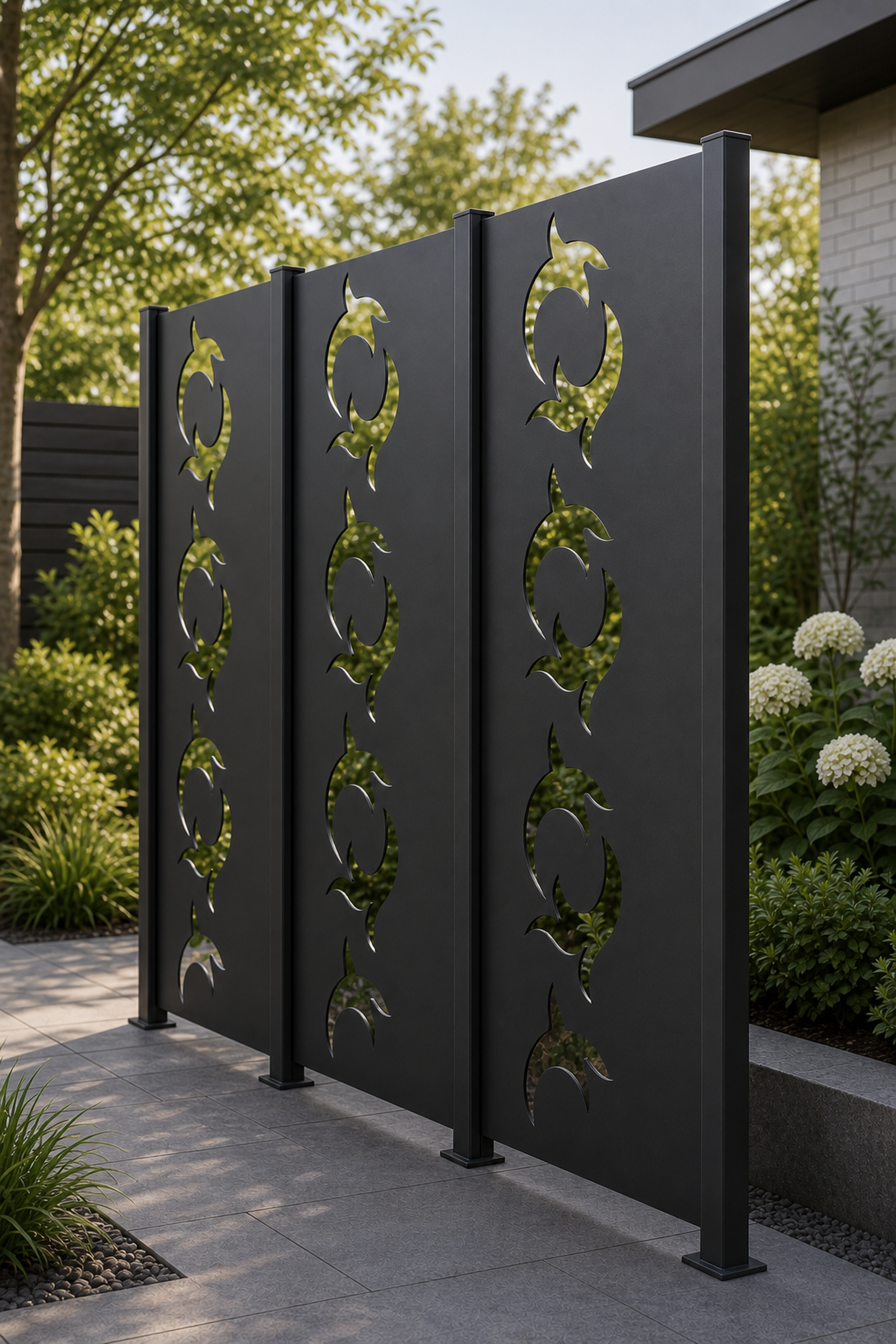 Design 021 Spinning Leaf Laser Cut Metal Privacy Screen Panel oblique angle view