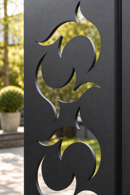 Design 021 Spinning Leaf Laser Cut Metal Privacy Screen Panel close-up detail view
