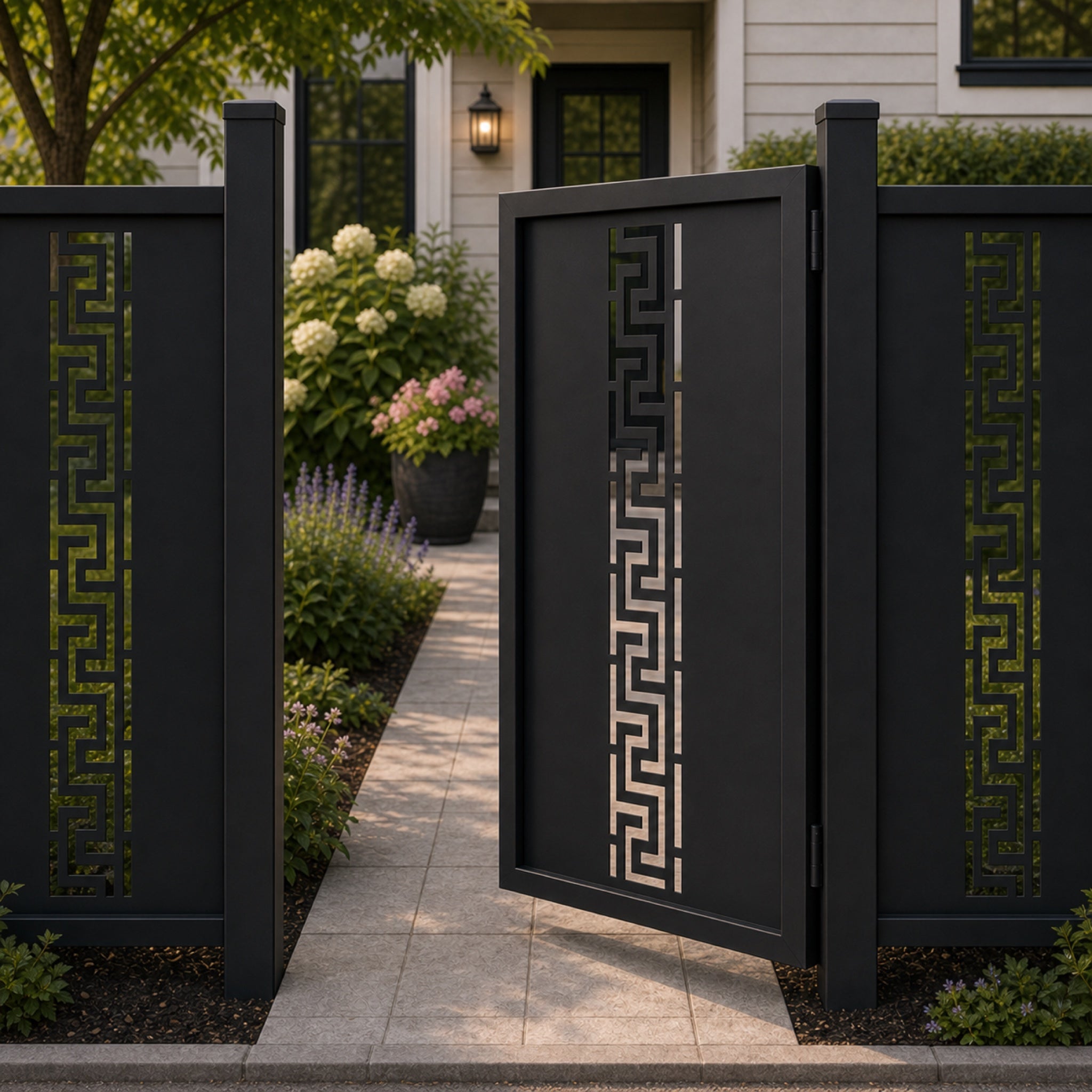 Design 022 continuous greek key black aluminium side gate open view