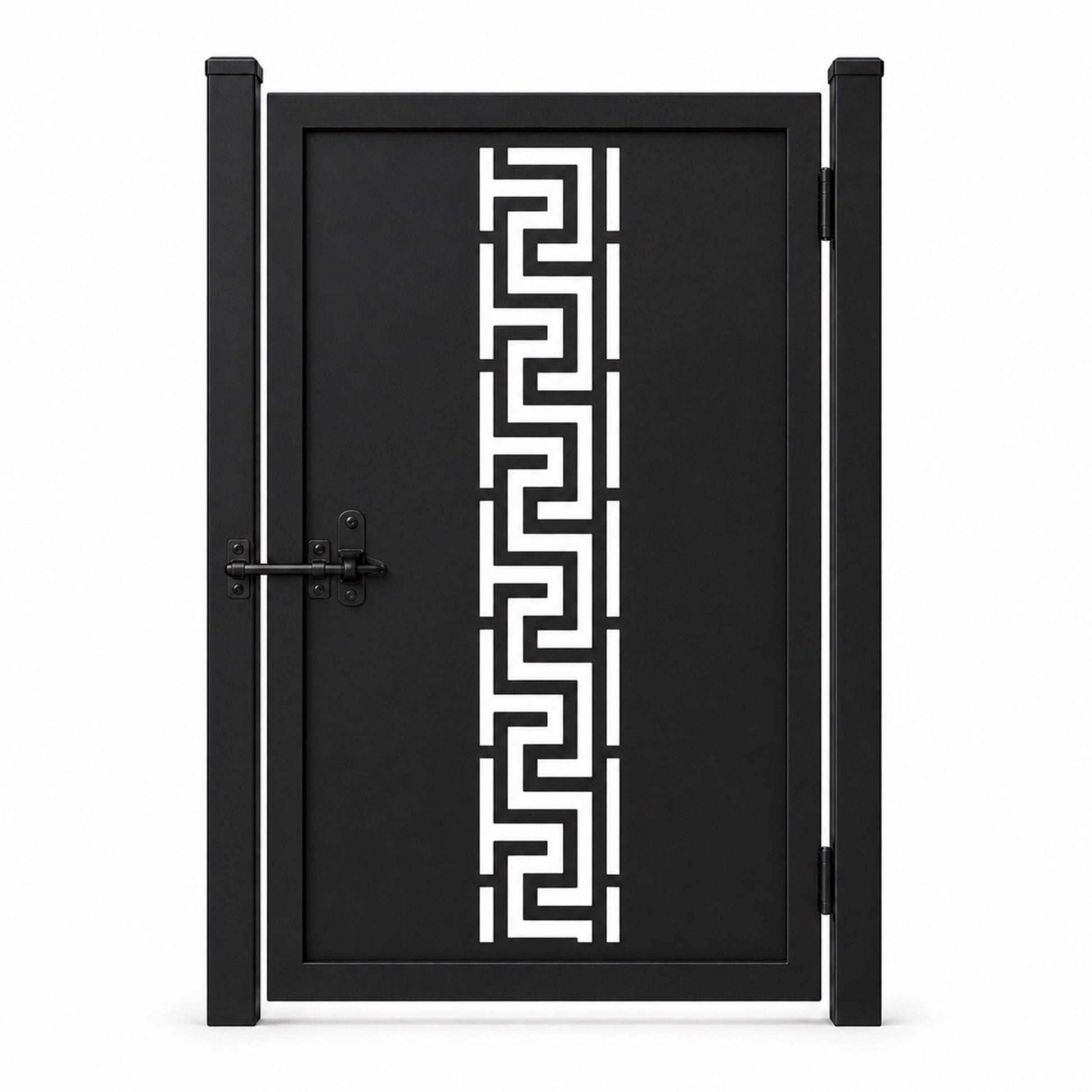 Design 022 continuous greek key black laser cut metal pedestrian gate closed view