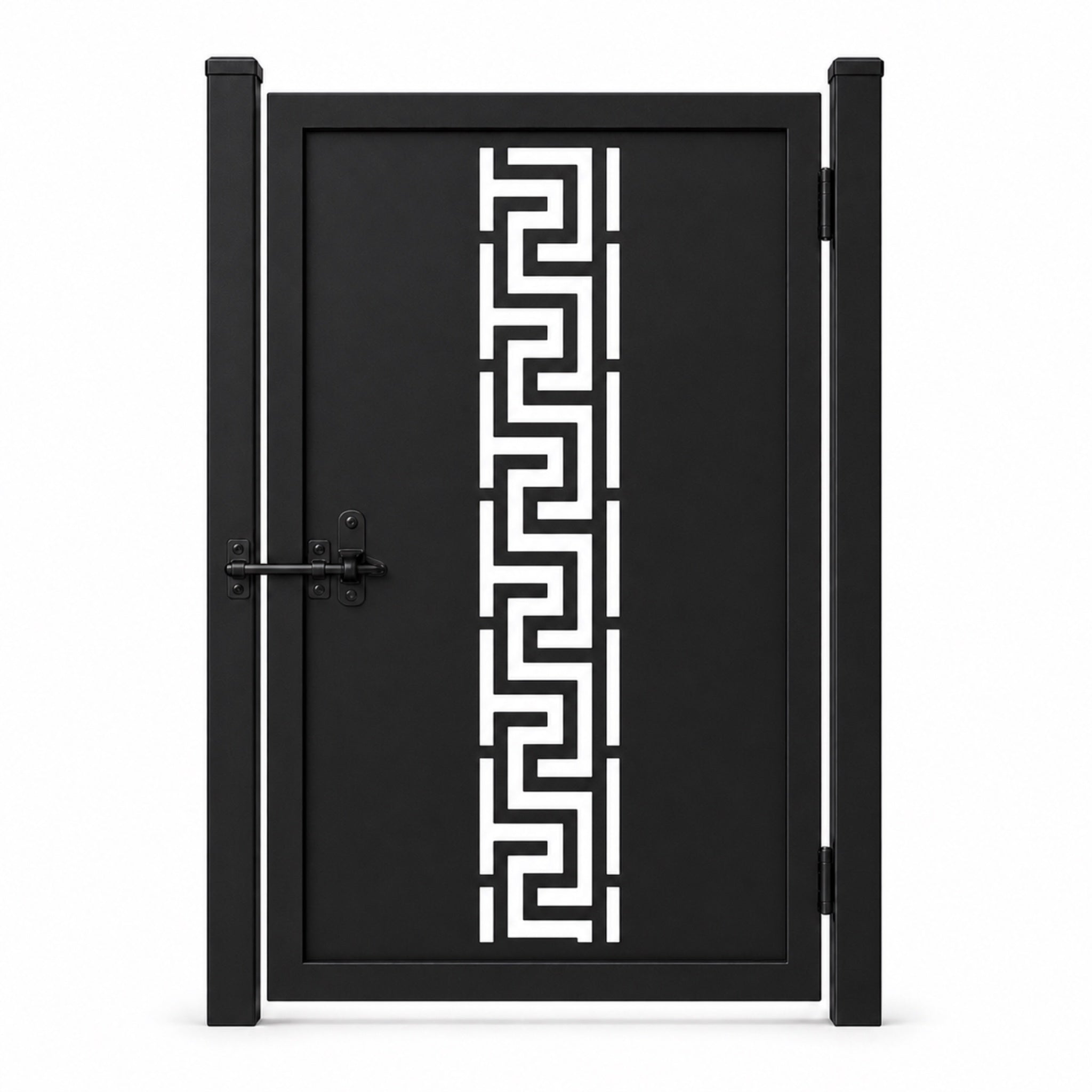 Design 022 continuous greek key black laser cut metal pedestrian gate closed view