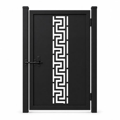 Design 022 continuous greek key black laser cut metal pedestrian gate closed view