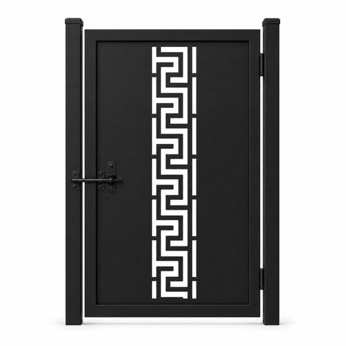 Design 022 continuous greek key black laser cut metal pedestrian gate closed view