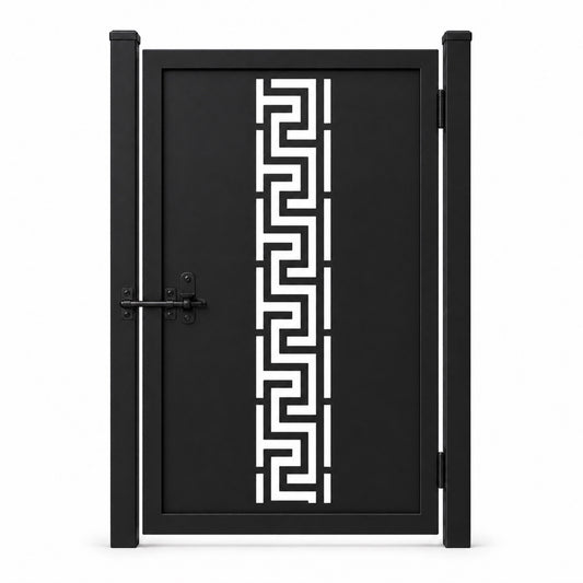 Design 022 continuous greek key black laser cut metal pedestrian gate closed view