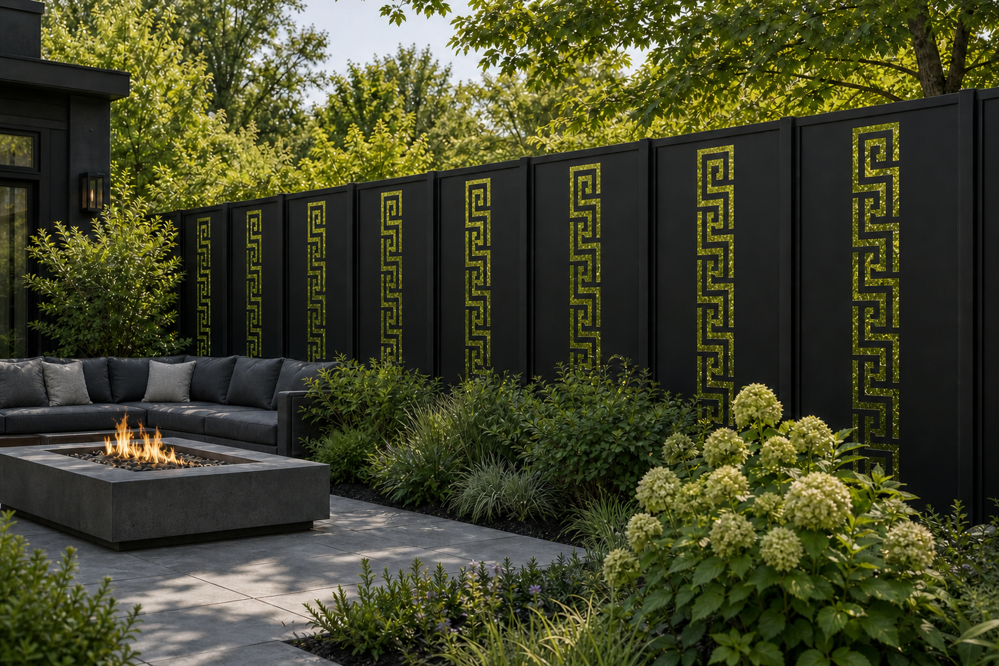 Design 022 Greek Key Border Laser Cut Metal Privacy Screen Panel installed garden daylight view