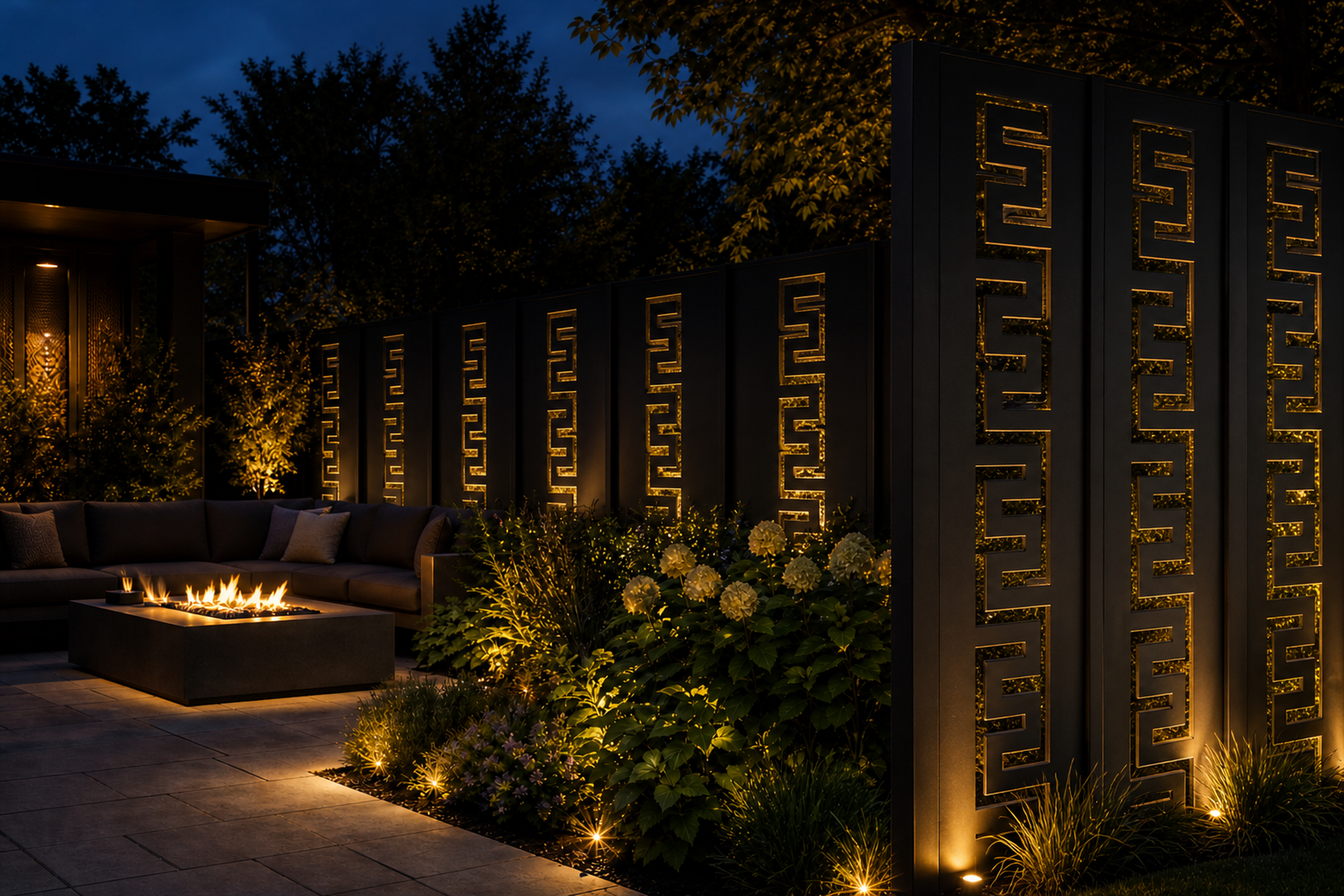 Design 022 Greek Key Border Laser Cut Metal Privacy Screen Panel installed garden night lighting view