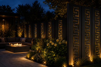 Design 022 Greek Key Border Laser Cut Metal Privacy Screen Panel installed garden night lighting view