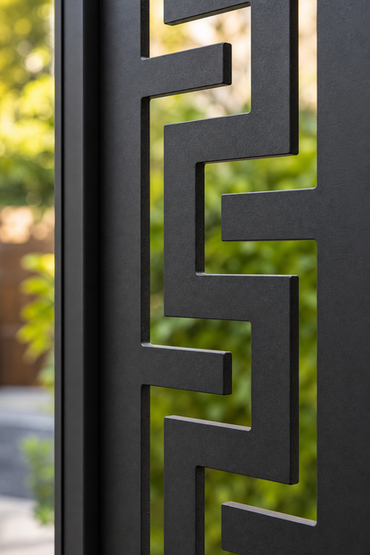 Design 022 Greek Key Border Laser Cut Metal Privacy Screen Panel close-up detail view