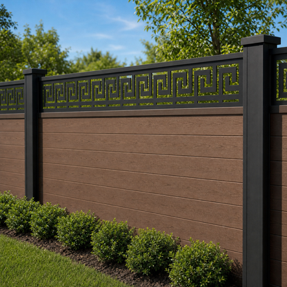 Greek Meander Rail laser cut fence extension panel installed on composite fence, angle view, Design 022