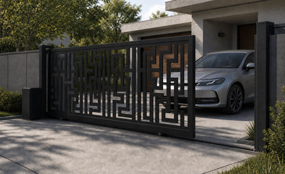 Design 022 modern geometric automatic aluminium sliding driveway gate shown half open with car clearance