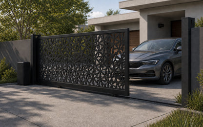 Design 023 decorative pattern automatic aluminium sliding driveway gate shown half open with car clearance