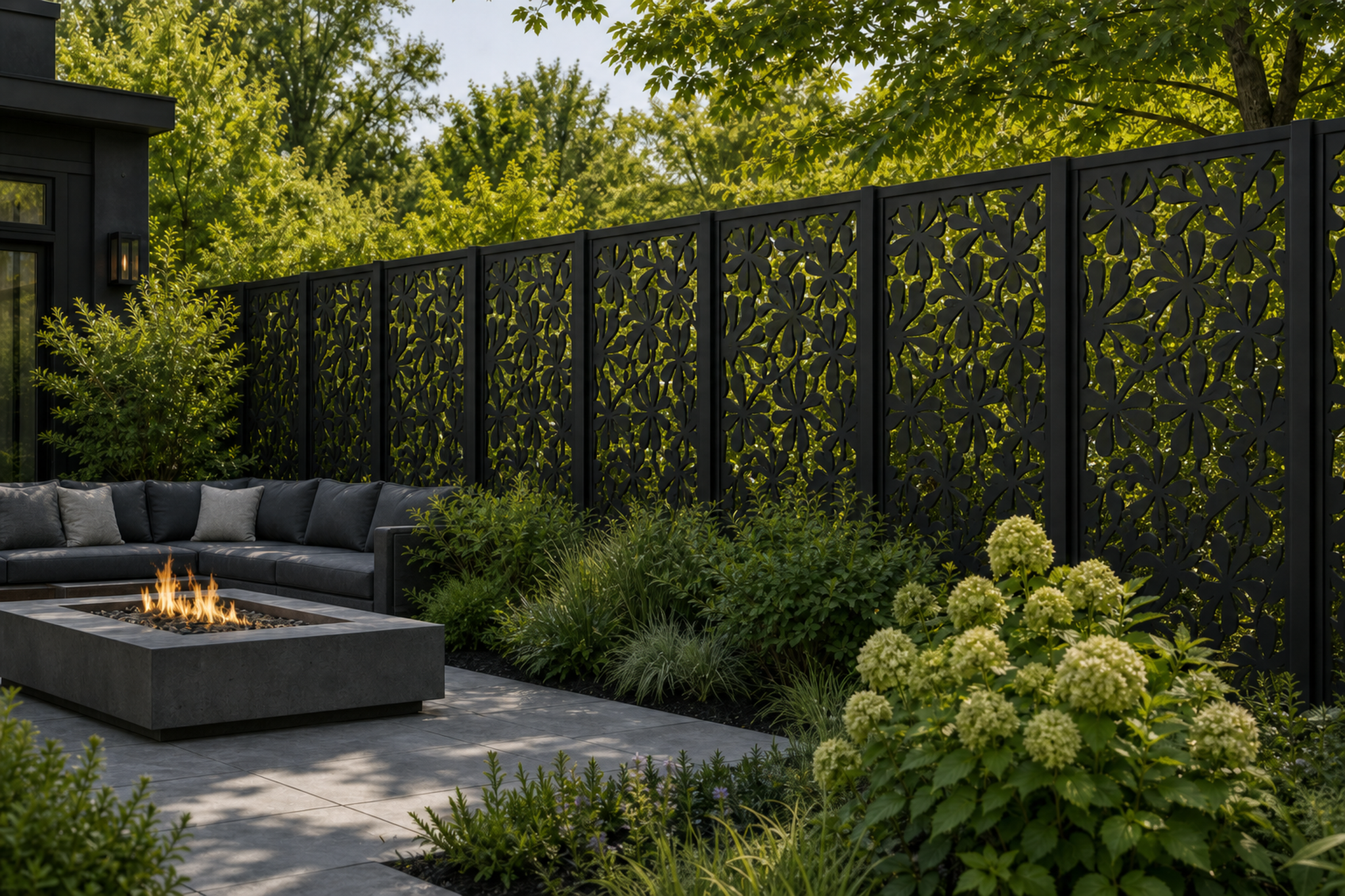 Design 023 Dense Flower Vine Laser Cut Metal Privacy Screen Panel installed garden daylight view