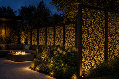 Design 023 Dense Flower Vine Laser Cut Metal Privacy Screen Panel installed garden night lighting view