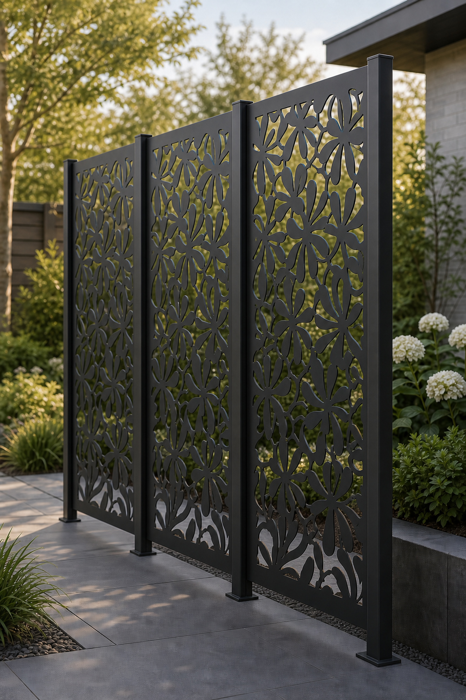 Design 023 Dense Flower Vine Laser Cut Metal Privacy Screen Panel oblique angle view