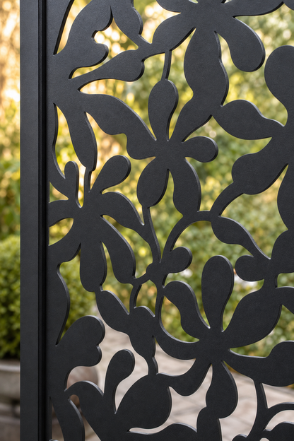 Design 023 Dense Flower Vine Laser Cut Metal Privacy Screen Panel close-up detail view
