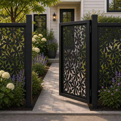 Design 023 dense large floral black aluminium side gate open view