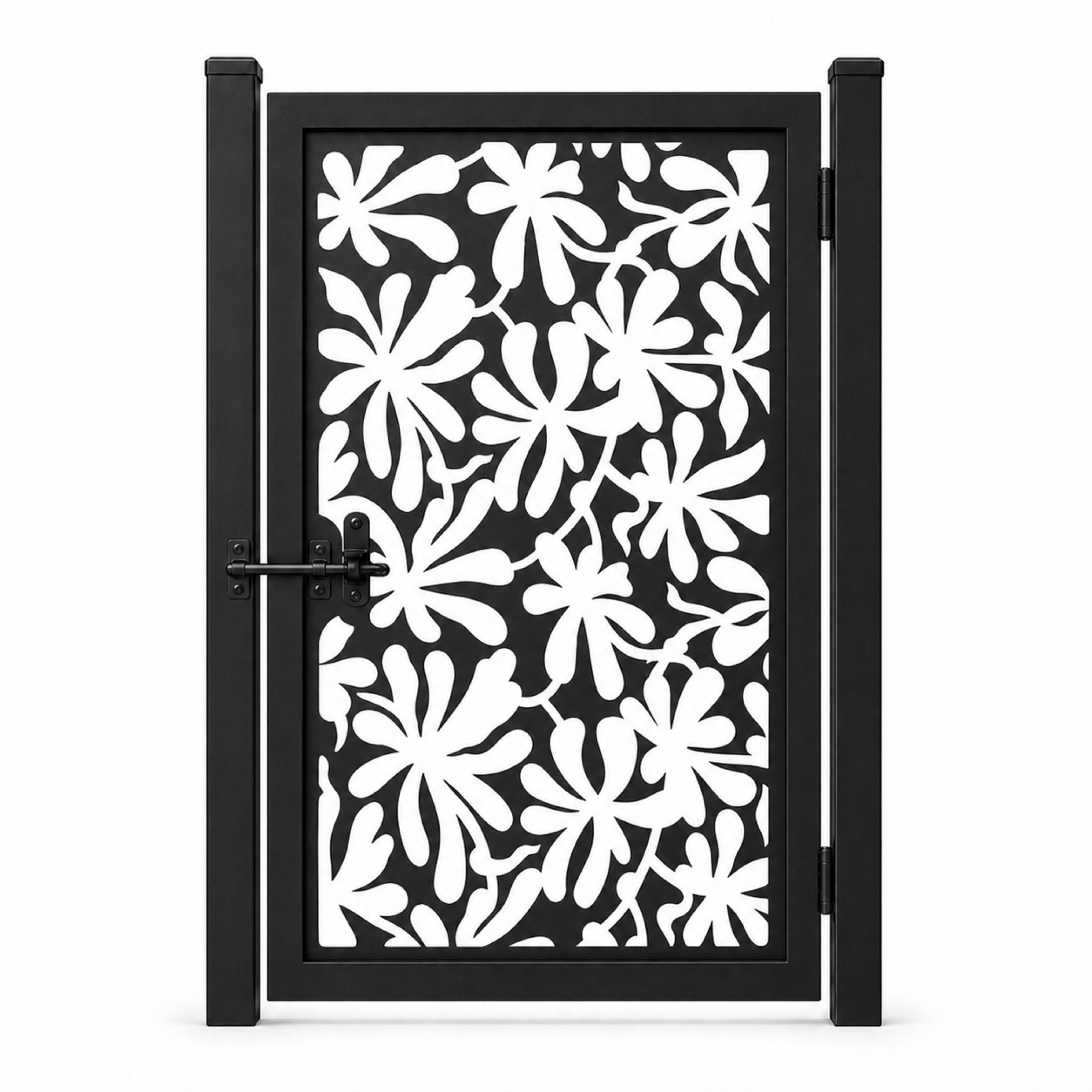 Design 023 dense large floral black laser cut metal pedestrian gate closed view