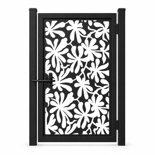 Design 023 dense large floral black laser cut metal pedestrian gate closed view