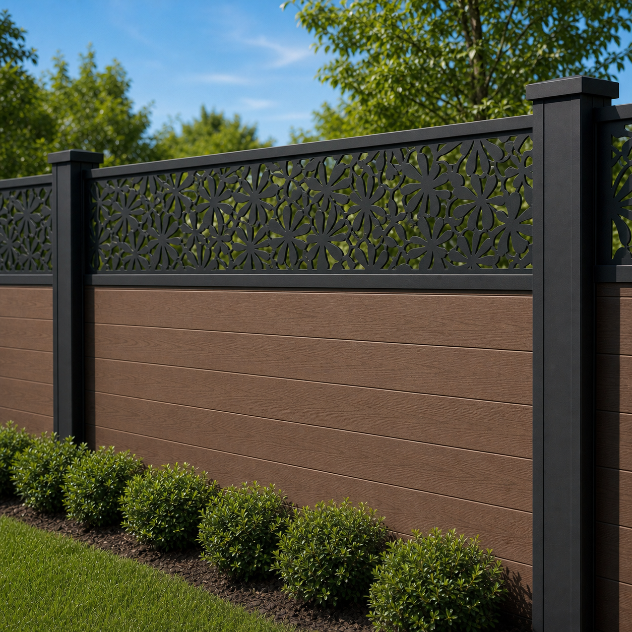 Snowflake Star Lace laser cut fence extension panel installed on composite fence, angle view, Design 023