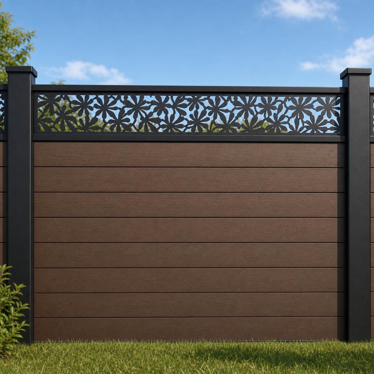 Snowflake Star Lace metal fence topper installed above WPC composite privacy fence, front view, Design 023