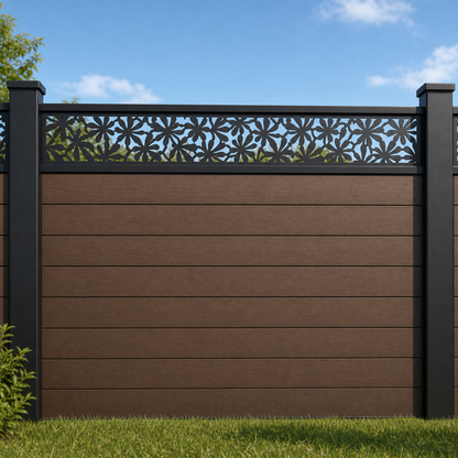 Snowflake Star Lace metal fence topper installed above WPC composite privacy fence, front view, Design 023