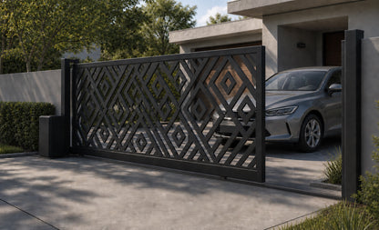 Design 024 contemporary privacy automatic aluminium sliding driveway gate shown half open with car clearance