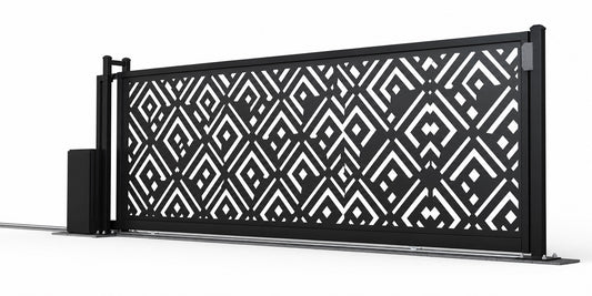 Design 024 contemporary privacy laser cut sliding driveway gate white background product render