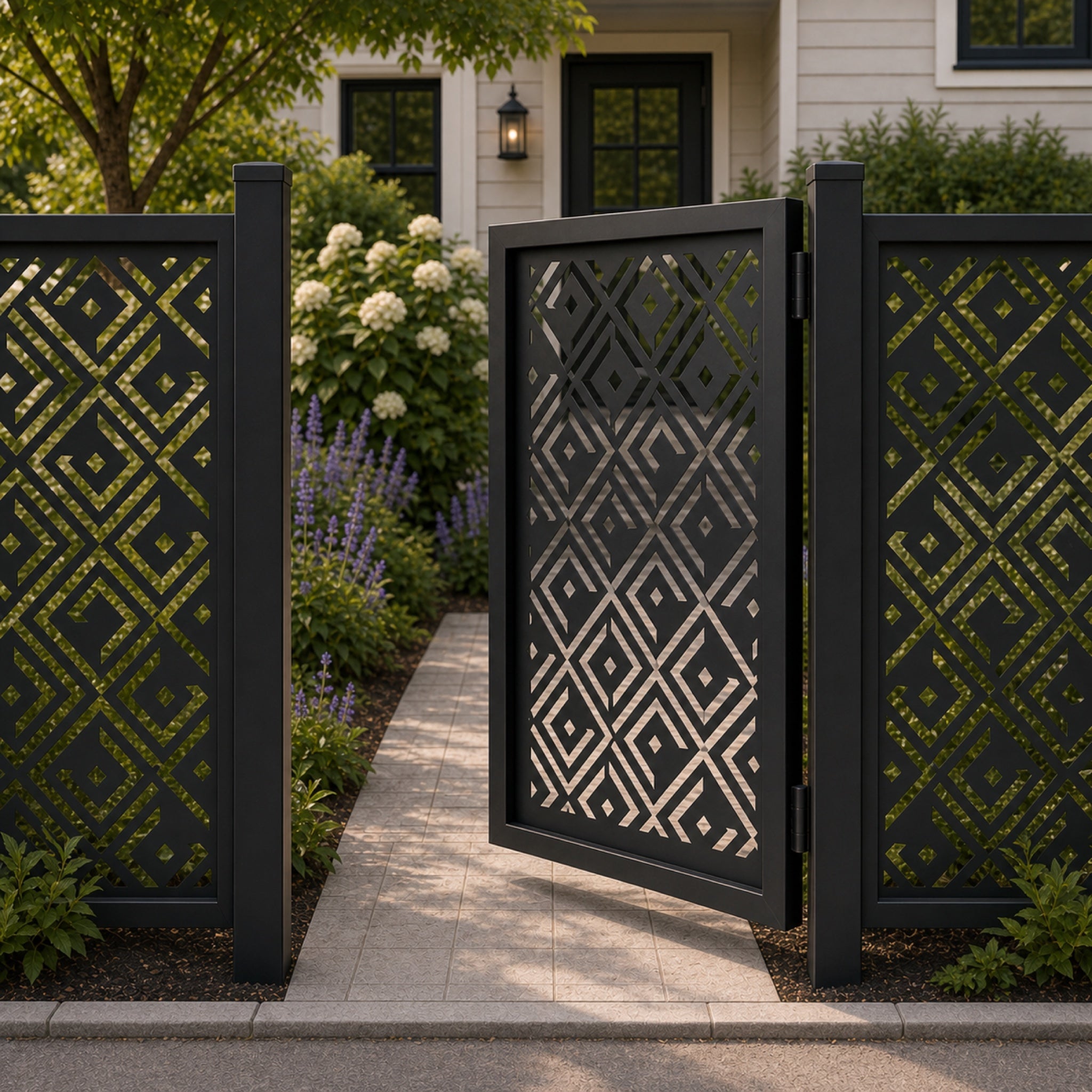 Design 024 diagonal diamond black aluminium side gate open view