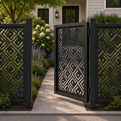 Design 024 diagonal diamond black aluminium side gate open view
