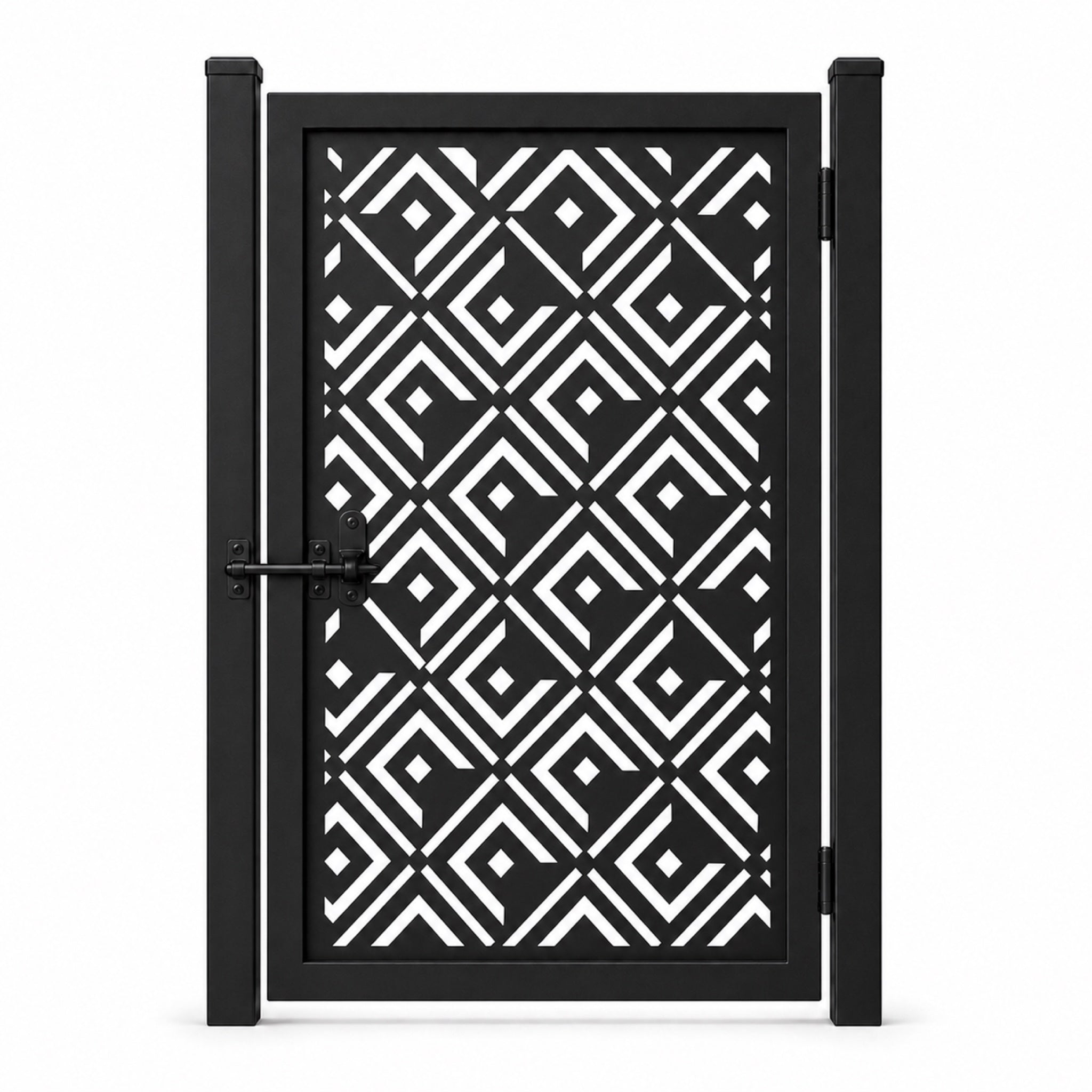 Design 024 diagonal diamond black laser cut metal pedestrian gate closed view