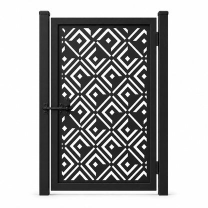 Design 024 diagonal diamond black laser cut metal pedestrian gate closed view