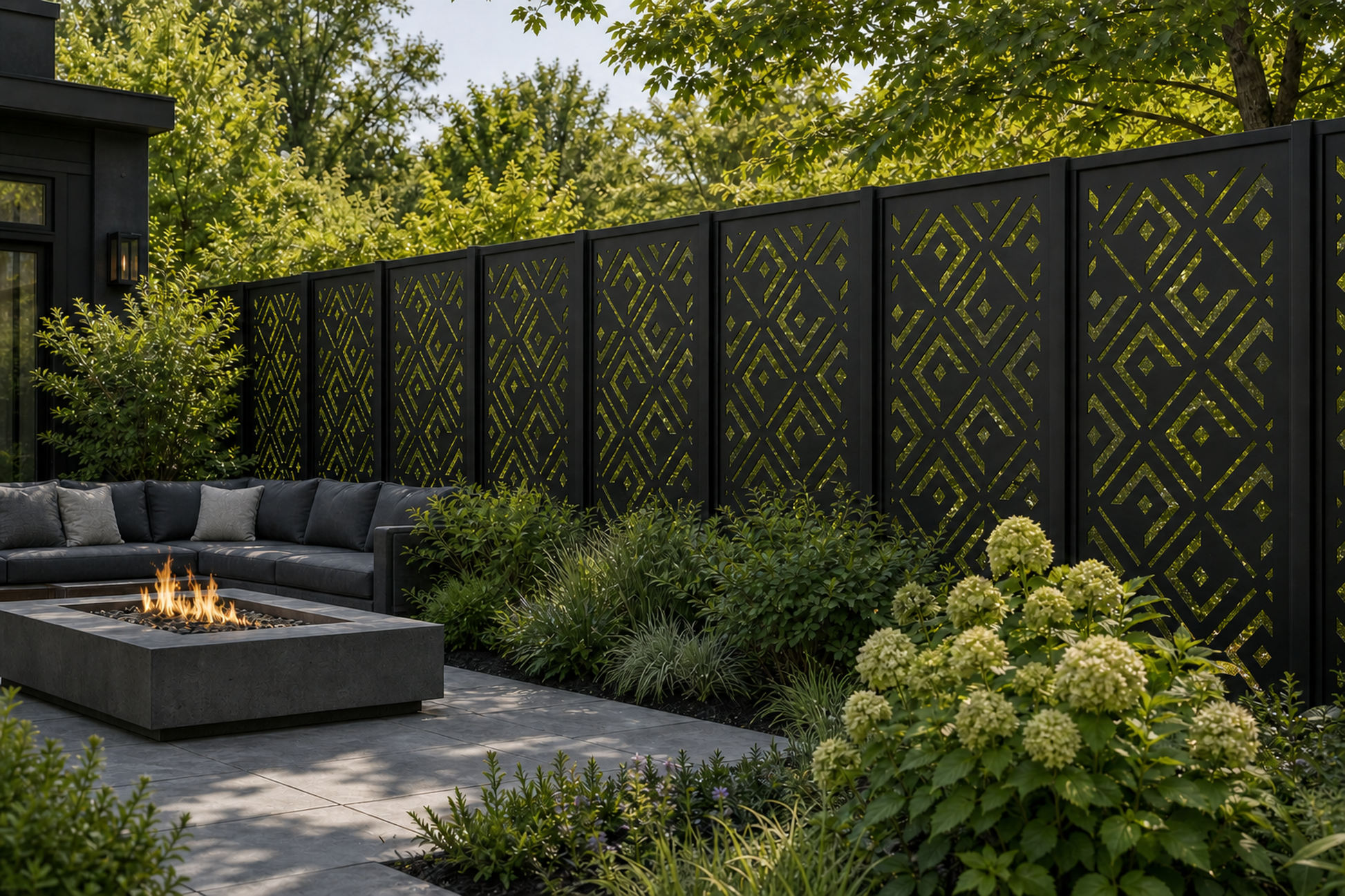 Design 024 Diamond Deco Laser Cut Metal Privacy Screen Panel installed garden daylight view