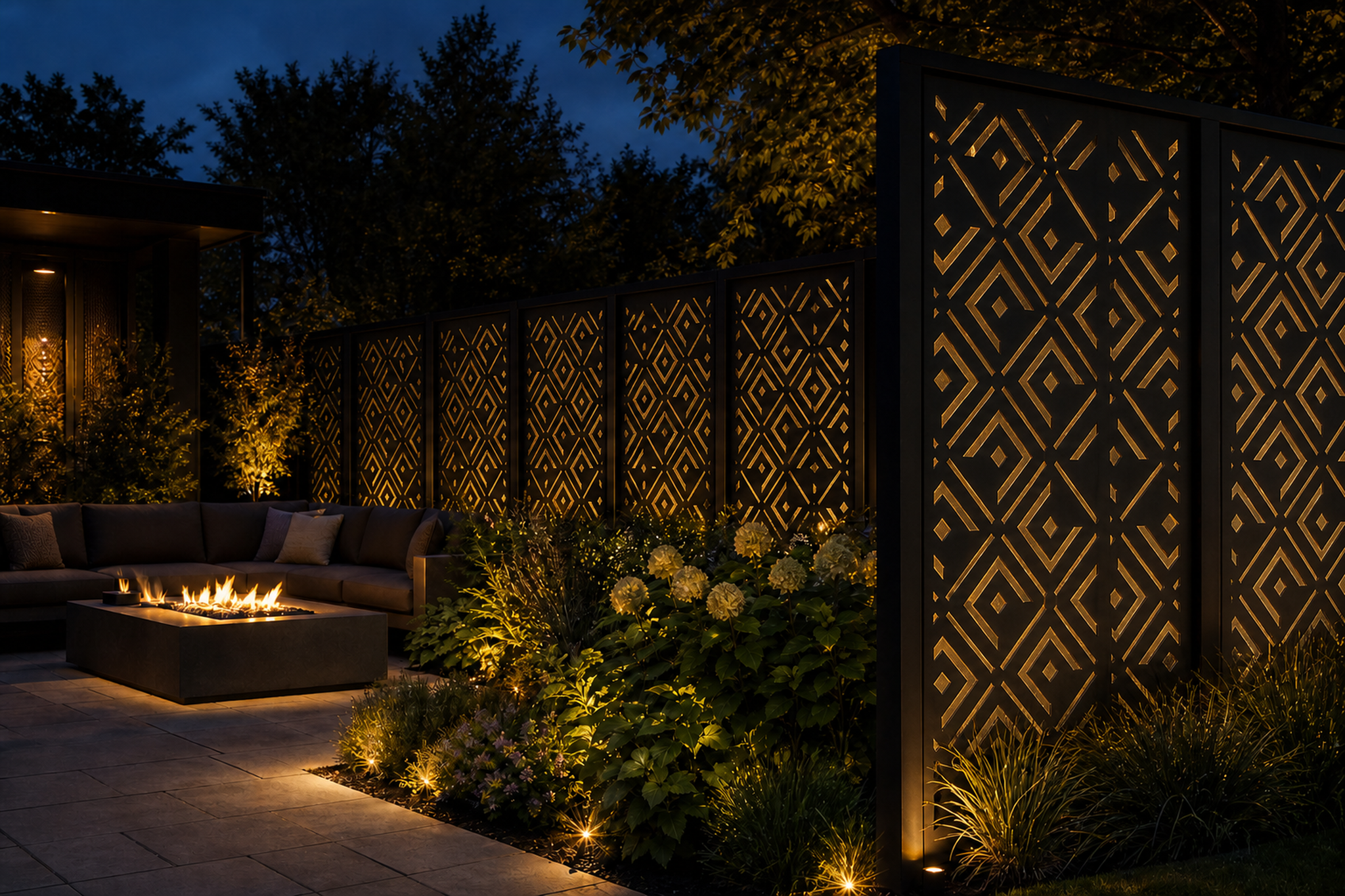 Design 024 Diamond Deco Laser Cut Metal Privacy Screen Panel installed garden night lighting view
