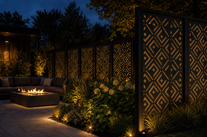 Design 024 Diamond Deco Laser Cut Metal Privacy Screen Panel installed garden night lighting view