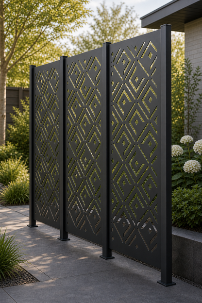 Design 024 Diamond Deco Laser Cut Metal Privacy Screen Panel oblique angle view