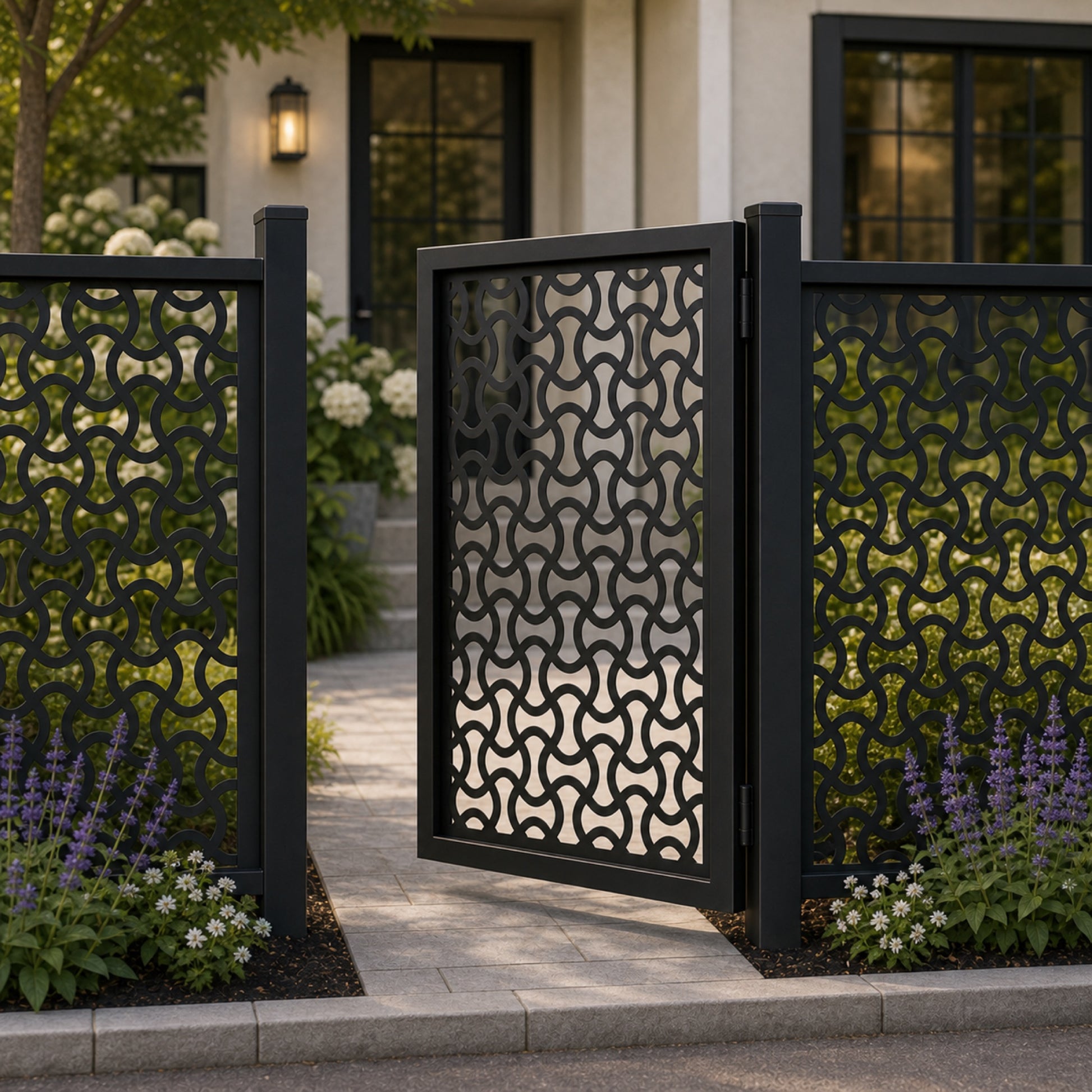 Design 025 arched chain pattern black aluminium side gate open view