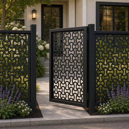 Design 025 arched chain pattern black aluminium side gate open view