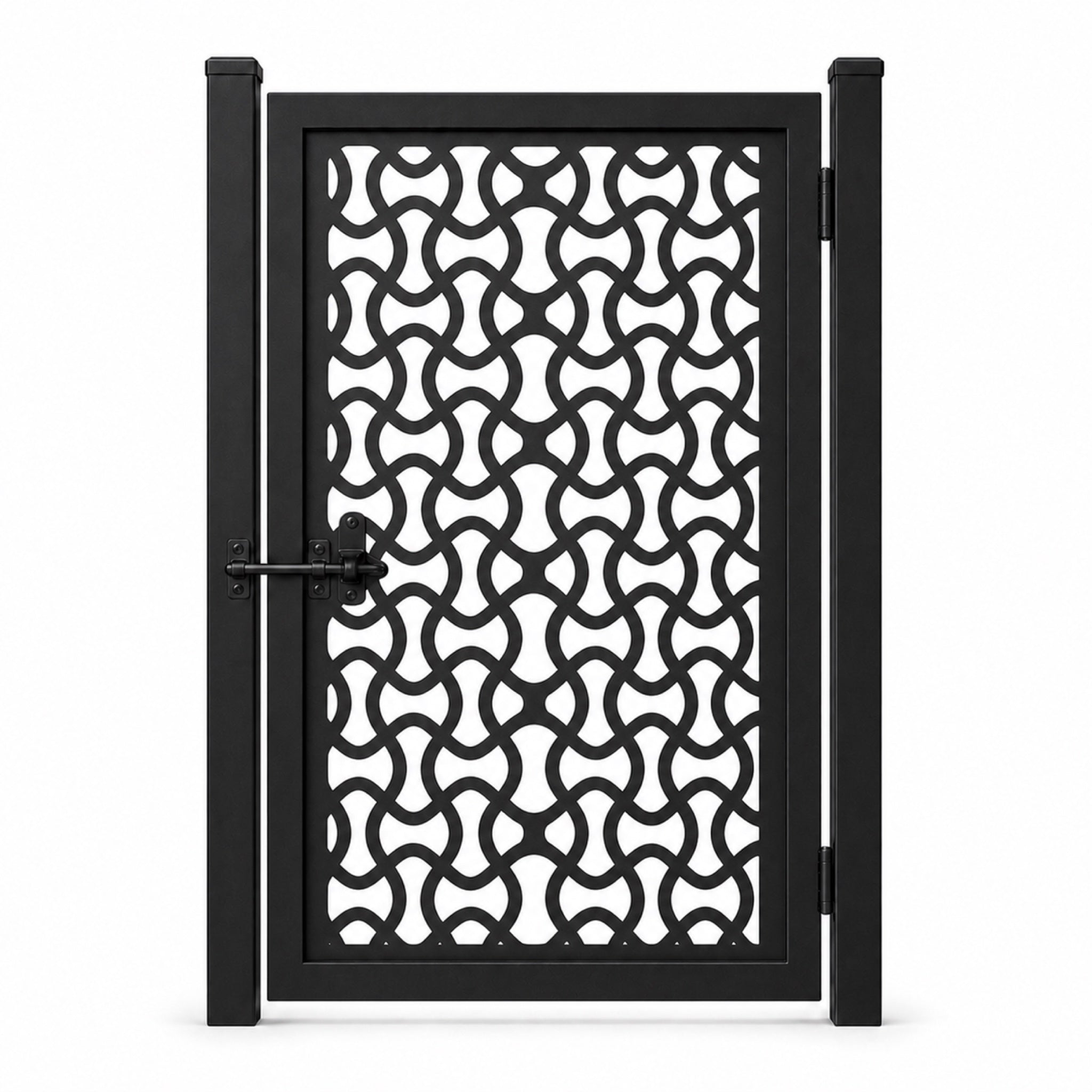 Design 025 arched chain pattern black laser cut metal pedestrian gate closed view