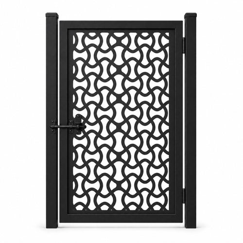 Design 025 arched chain pattern black laser cut metal pedestrian gate closed view