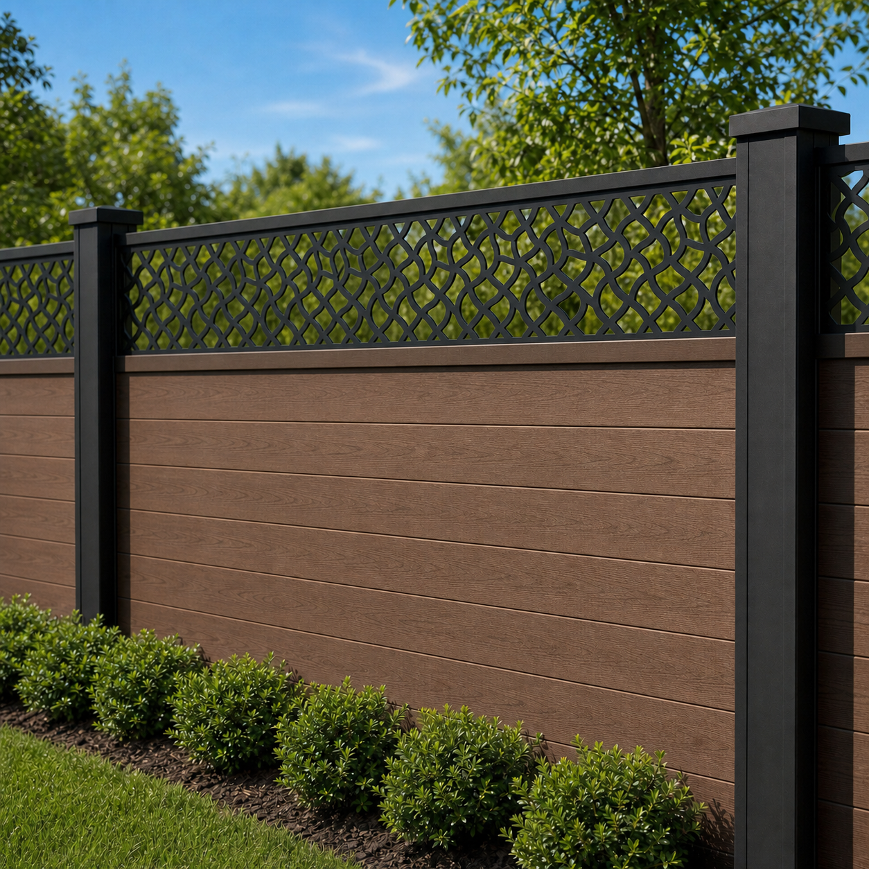 Hexagon Chain Lattice laser cut fence extension panel installed on composite fence, angle view, Design 025