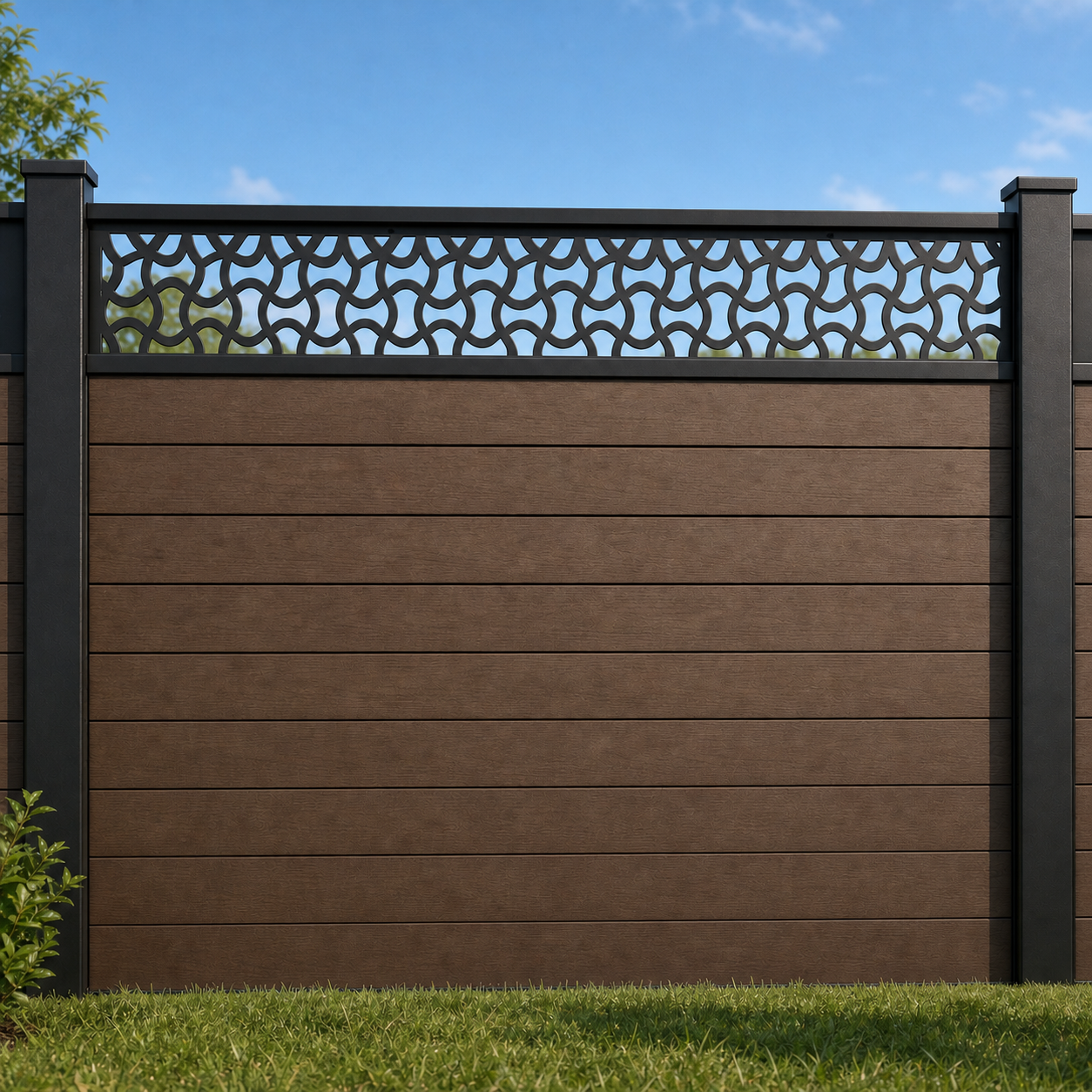Hexagon Chain Lattice metal fence topper installed above WPC composite privacy fence, front view, Design 025