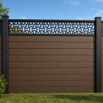 Hexagon Chain Lattice metal fence topper installed above WPC composite privacy fence, front view, Design 025