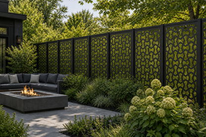 Design 025 Interlocking Wave Laser Cut Metal Privacy Screen Panel installed garden daylight view