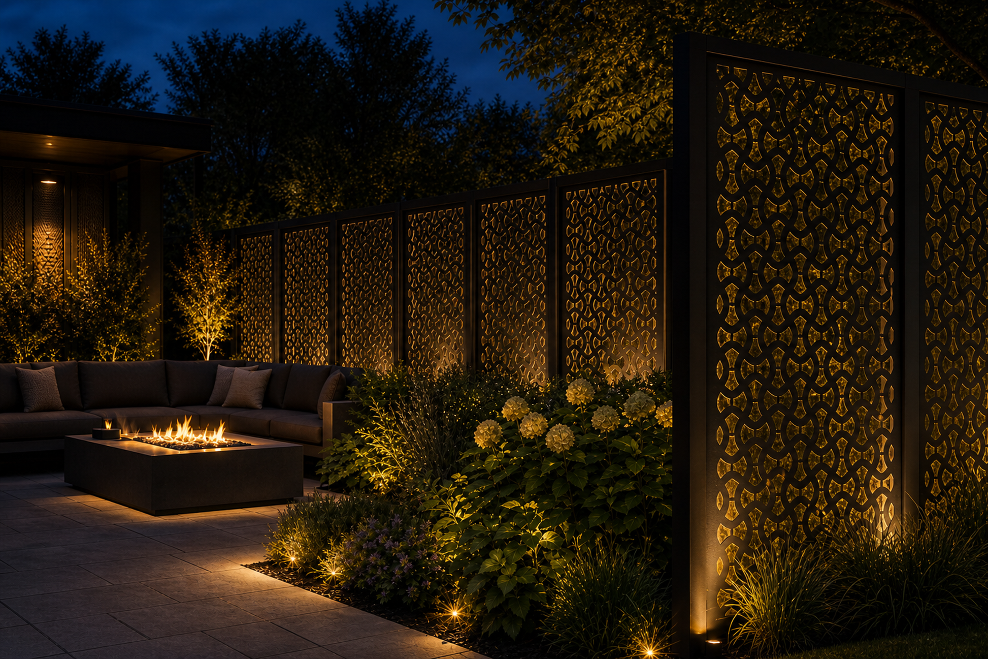 Design 025 Interlocking Wave Laser Cut Metal Privacy Screen Panel installed garden night lighting view