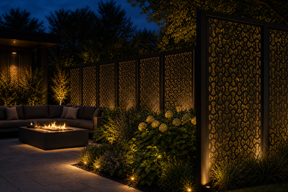 Design 025 Interlocking Wave Laser Cut Metal Privacy Screen Panel installed garden night lighting view