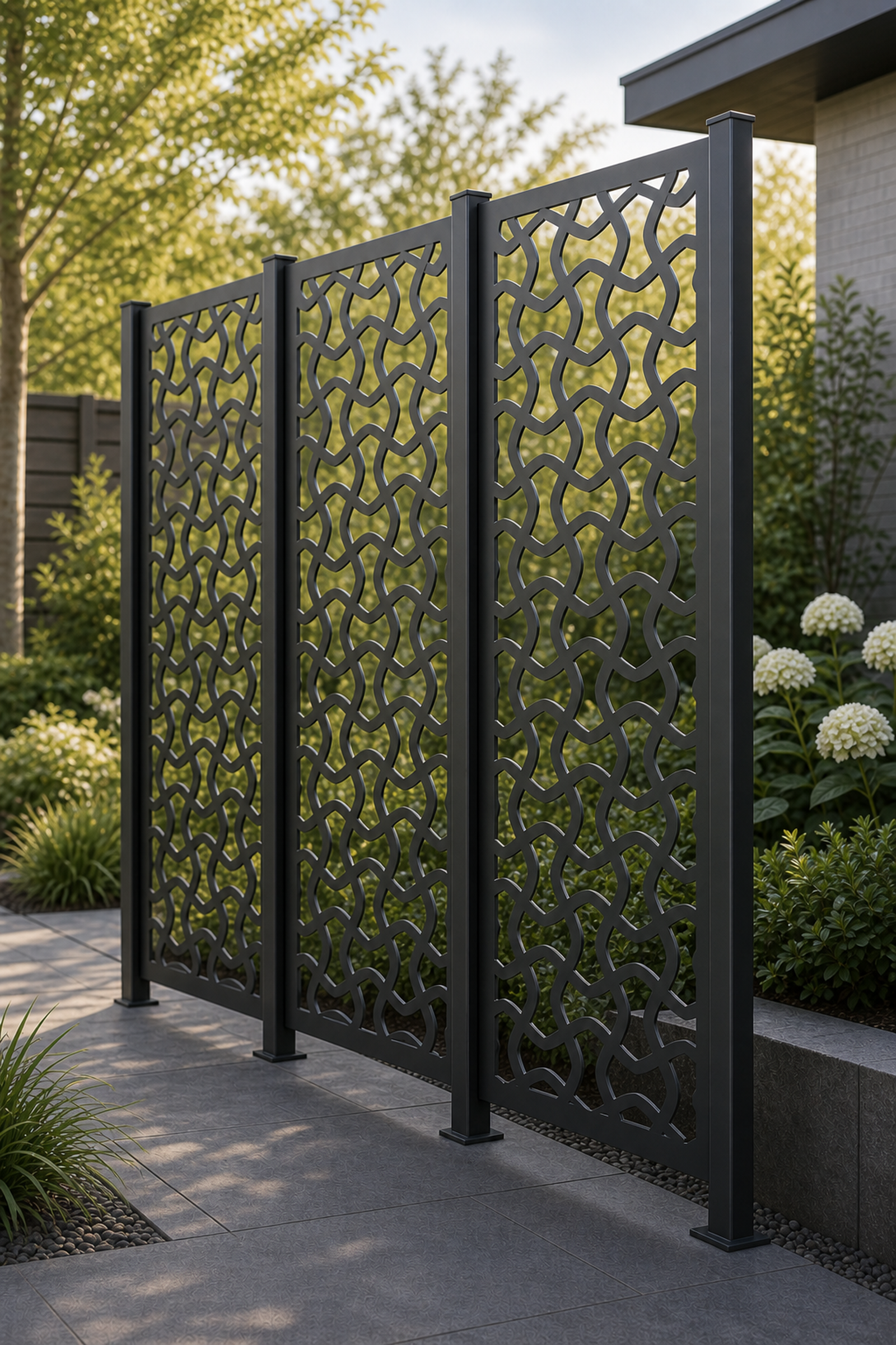 Design 025 Interlocking Wave Laser Cut Metal Privacy Screen Panel oblique angle view