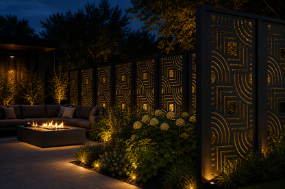 Design 026 Art Deco Arches Laser Cut Metal Privacy Screen Panel installed garden night lighting view