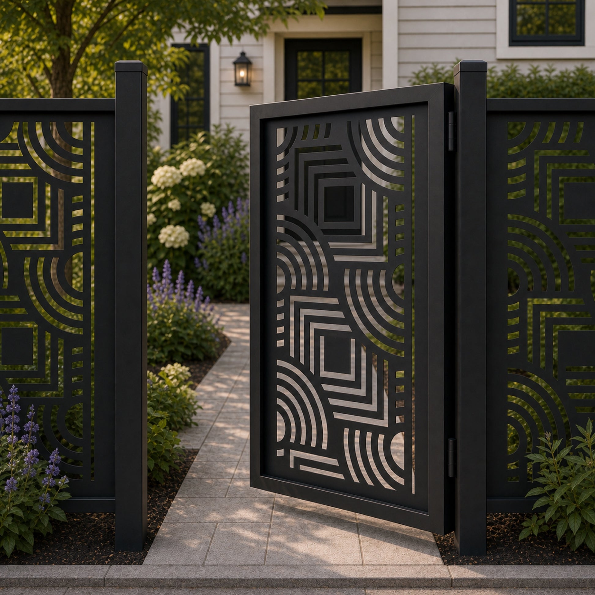 Design 026 block arc black aluminium side gate open view