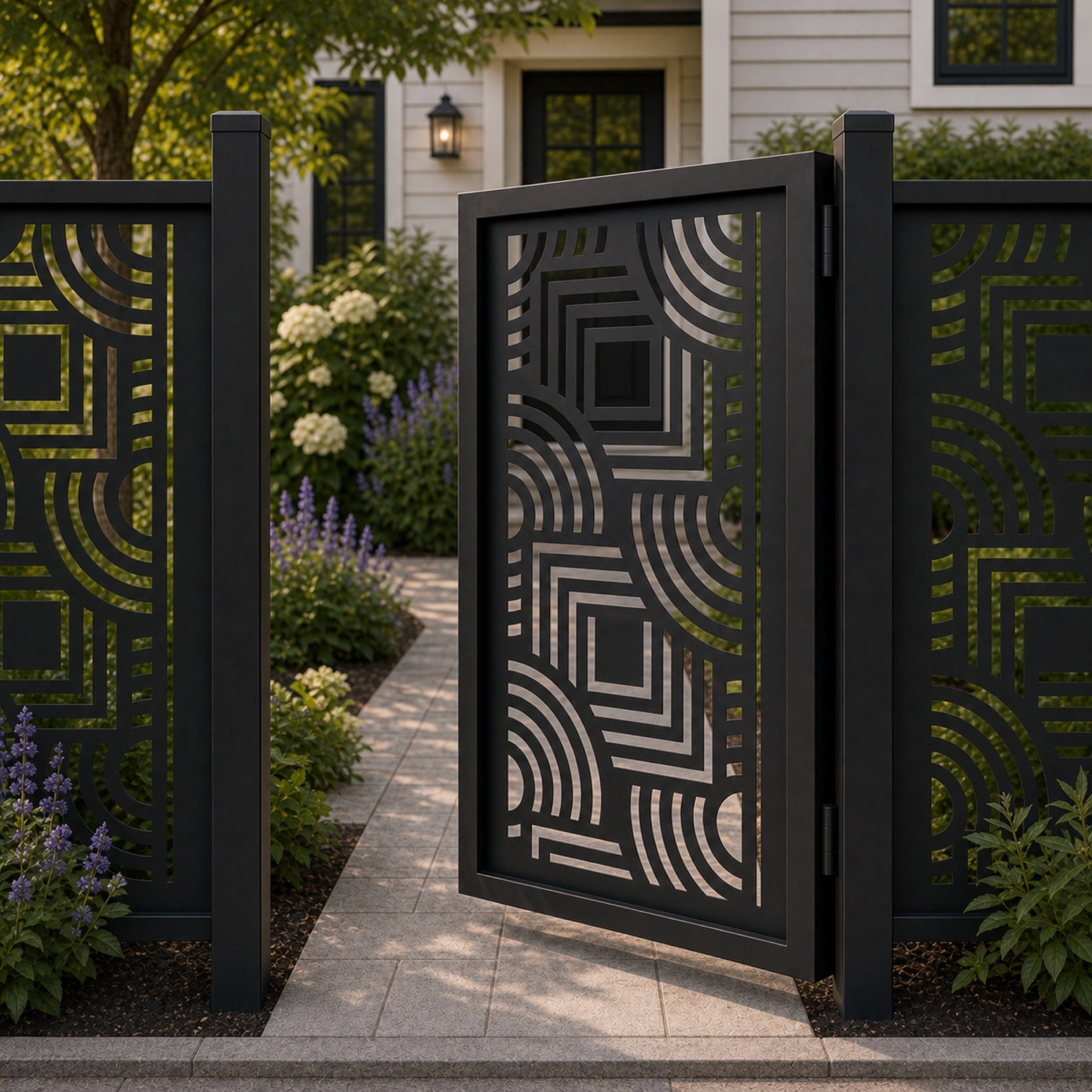 Design 026 block arc black aluminium side gate open view