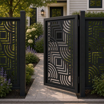 Design 026 block arc black aluminium side gate open view